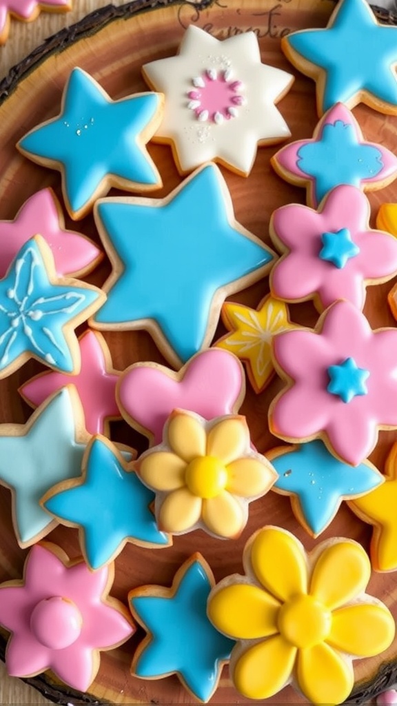 A colorful assortment of 2D decorated cookies in shapes of stars, hearts, and flowers on a wooden platter.